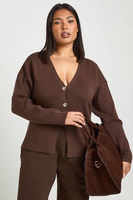 Plus Gold Button Split Hem Compact Knit Cardigan