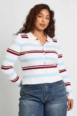 Plus Collared Stripe Crew Neck Cardigan