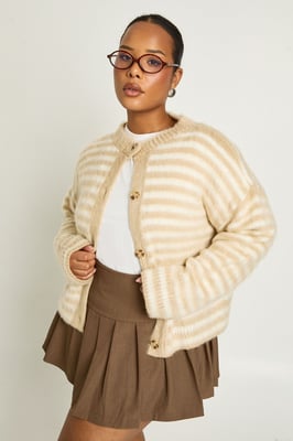 Plus Fluffy Crew Neck Knitted Cardigan