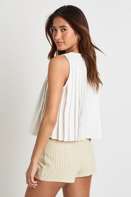 Linen Look Pleated Tie Front Smock Top