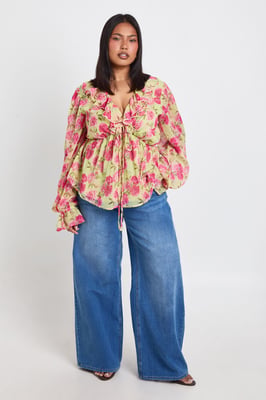 Plus Ruffle Tie Front Smock Top