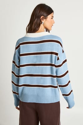Stripe Button Collar Long Sleeve Knitted Jumper