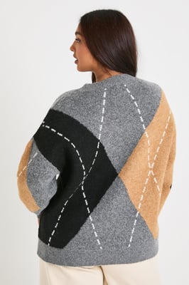 Plus Oversized Argyle V Neck Knitted Jumper