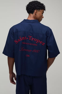 Linen Embroidered Saint Tropez Oversized Boxy Shirt & Relaxed Trouser Set