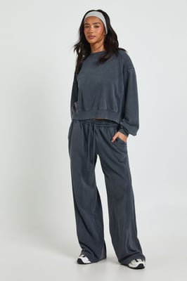 Petite Washed Ribbed Detail Straight Leg Tracksuit