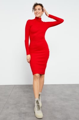 Geribbelde Col Midi-jurk