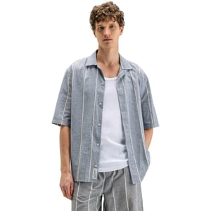 Butcher of Blue Quinn linen stripe shirt alaska blue