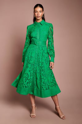Embroidered Cutout Belted Shirt Dress