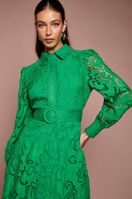 Embroidered Cutout Belted Shirt Dress