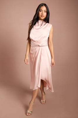 Petite Satin Midi Dress With Twist Waist
