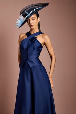 Lisa Tan Cross Neck Structured Satin Bow Detail Midi Dress