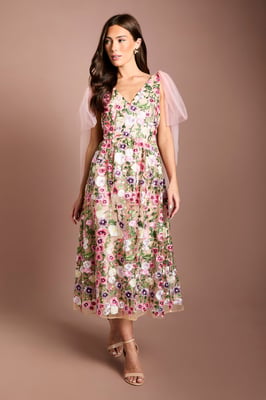 Coast Muse Tie Shoulder Embroidered Mesh Midi Dress