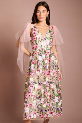 Coast Muse Tie Shoulder Embroidered Mesh Midi Dress