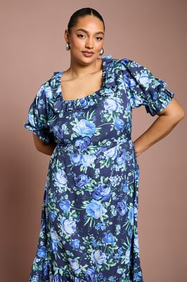 Curve Ruffle Neckline Frill Sleeve Tiered Midi Dress