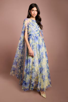 Pleated Mesh Printed Cape Maxi Dress With Gemstone