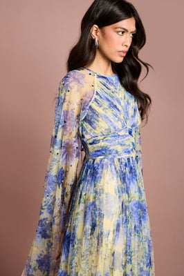 Pleated Mesh Printed Cape Maxi Dress With Gemstone