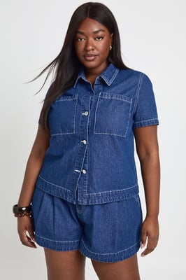 Plus Button Down Pocket Denim Shirt