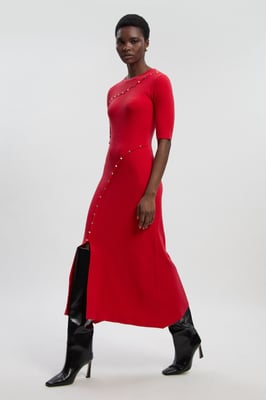 Viscose Blend Cut Out Trim Detail Knit Midi Dress