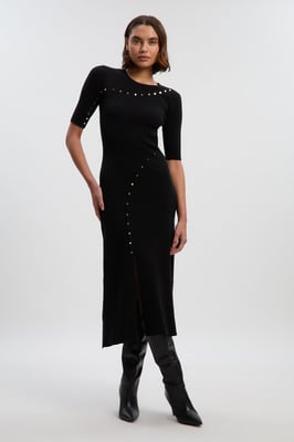 Viscose Blend Cut Out Trim Detail Knit Midi Dress