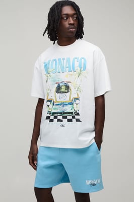 Extended Neck Oversized Monaco Printed Moto T-Shirt & Baggy Short Set