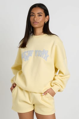 New York Bow Applique Crew Neck Sweatshirt Short Tracksuit