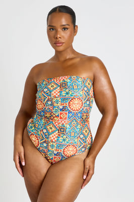 Plus Tile Print Bandeau Swimsuit