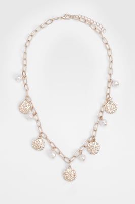 Hammered Disc & Pearl Scatter Chain Necklace
