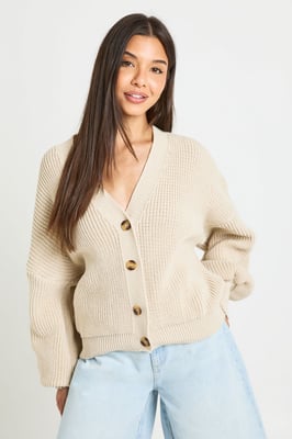 Balloon Sleeve Button Through Rib Cardigan