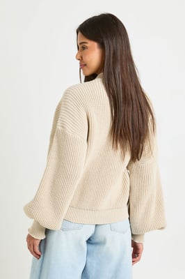 Balloon Sleeve Button Through Rib Cardigan