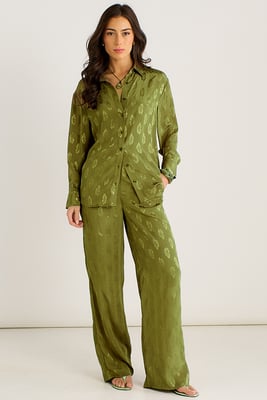 Khaki Floral Satin Jacquard Trousers