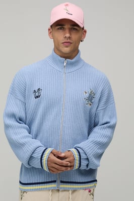 Funnel Neck Ribbed Embroidered Knitted Track Jacket