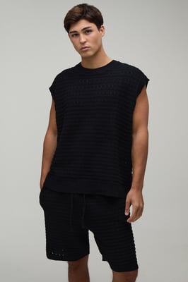 Oversized Open Stitch Cotton Blend Knitted Tank Short Set