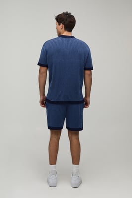 Relaxed V Neck Ribbed Polo and Short Knitted Set