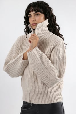 Thick Textured Turtleneck Zip-Up Cardigan