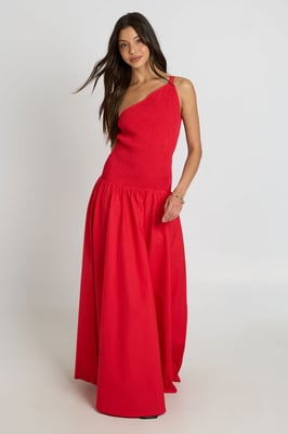 Shirred Bodice Maxi Dress With Asymmetric Neckline