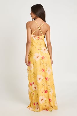 Chiffon Floral Cowl Neck Ruffle Detail Maxi Dress