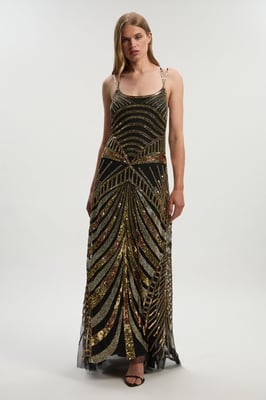 Premium Mirrored Crystal Embellished Woven Prom Dress