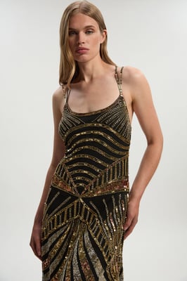 Premium Mirrored Crystal Embellished Woven Prom Dress