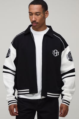 Boxy Fit Collared Colour Block Varsity Jersey Jacket