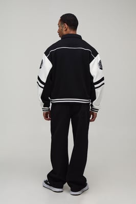Boxy Fit Collared Colour Block Varsity Jersey Jacket