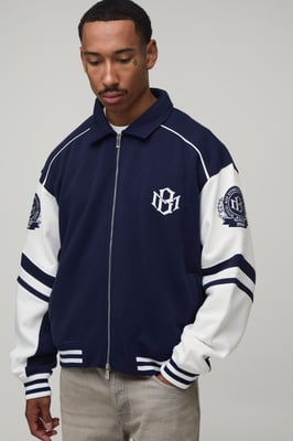 Boxy Fit Collared Colour Block Varsity Jersey Jacket
