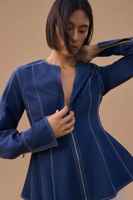 Tencel Cotton Contrast Stitch Zip Front Woven Jacket