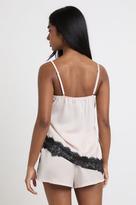 Contrast Lace Detail Satin Cami & Short Pyjama Set