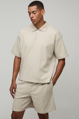 Oversized Boxy Interlock Half Sleeve Polo And Pintuck Short Set