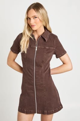 Petite Short Sleeve Zip Front Denim Dress
