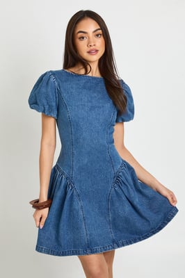 Puff Sleeve Denim Mini Dress