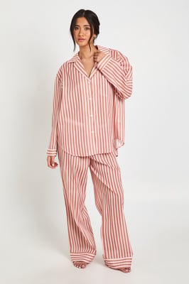 Cotton Pinstripe Oversized Long Sleeve Shirt & Trouser Pyjama Set