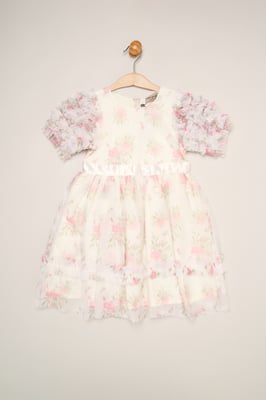 Floral Mesh Dress with Ruffle Sleeves
