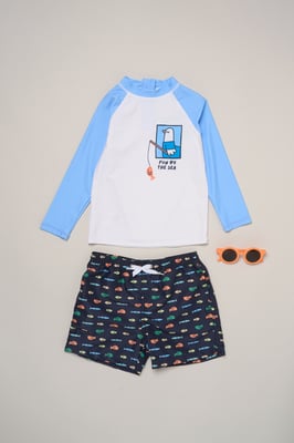 Seagull Long Sleeve Swim Top, Shorts and Sunglasses Swimwear Set
