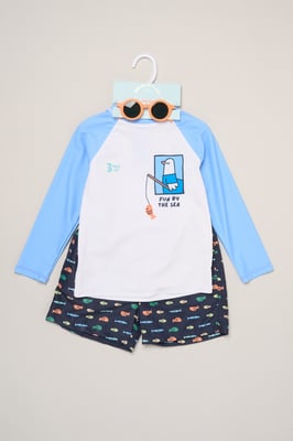 Seagull Long Sleeve Swim Top, Shorts and Sunglasses Swimwear Set